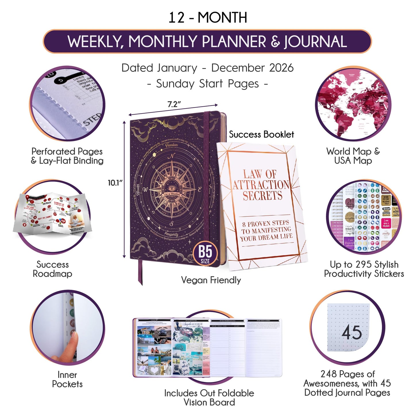Deluxe 2026 Planner Weekly and Monthly | Law of Attraction Planner with Productivity App | 12-Month for Productivity, Gratitude & Goal Setting | Includes Foldable Vision Board, Gift Box & Stickers