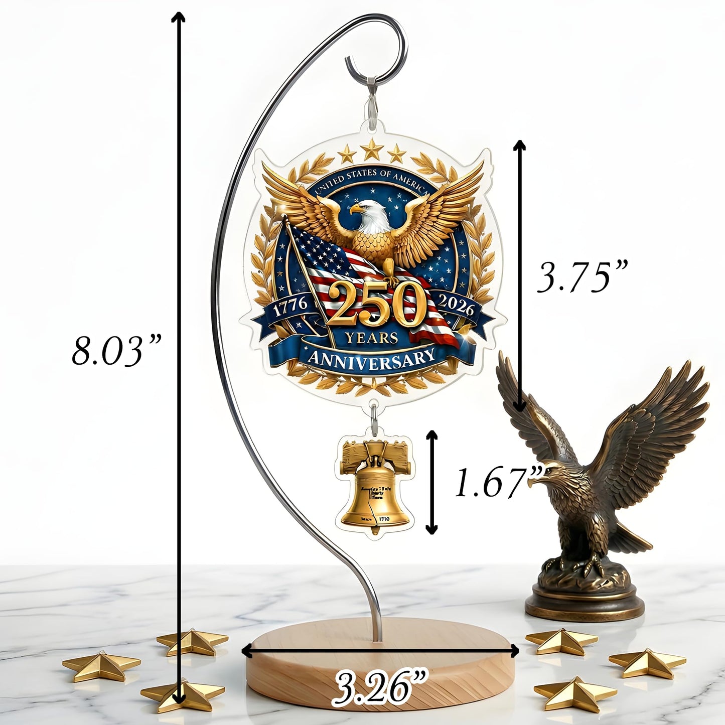 USA 250th Anniversary Tabletop Decor with Wooden Stand, American Patriotic Home Decor, Liberty Bell Ornament, 250 Anniversary USA Merchandise, Independence Day Desk Decoration, Gift for US Citizens