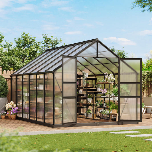 12x8 FT Greenhouse, Greenhouses for Outside, Polycarbonate Greenhouse with Aluminum Frame, Lockable Door and Ajustable Roof Vent for Backyard, Green Houses for Outside Garden Backyard, Patio