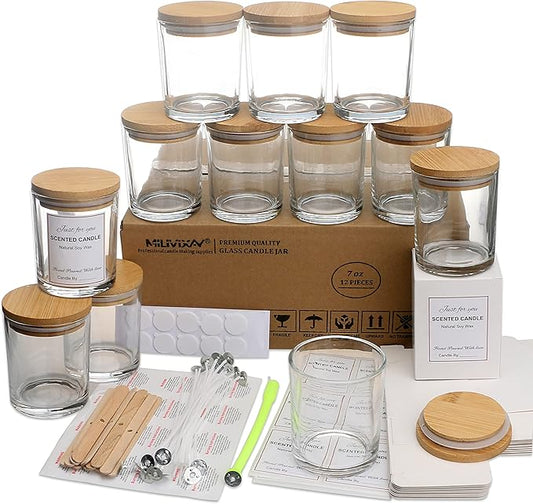 MILIVIXAY 12 Pack 7 OZ Clear Glass Candle Jars with Lids and Candle Making Kits - Bulk Empty Candle Jars for Making Candles - Spice, Powder Containers.