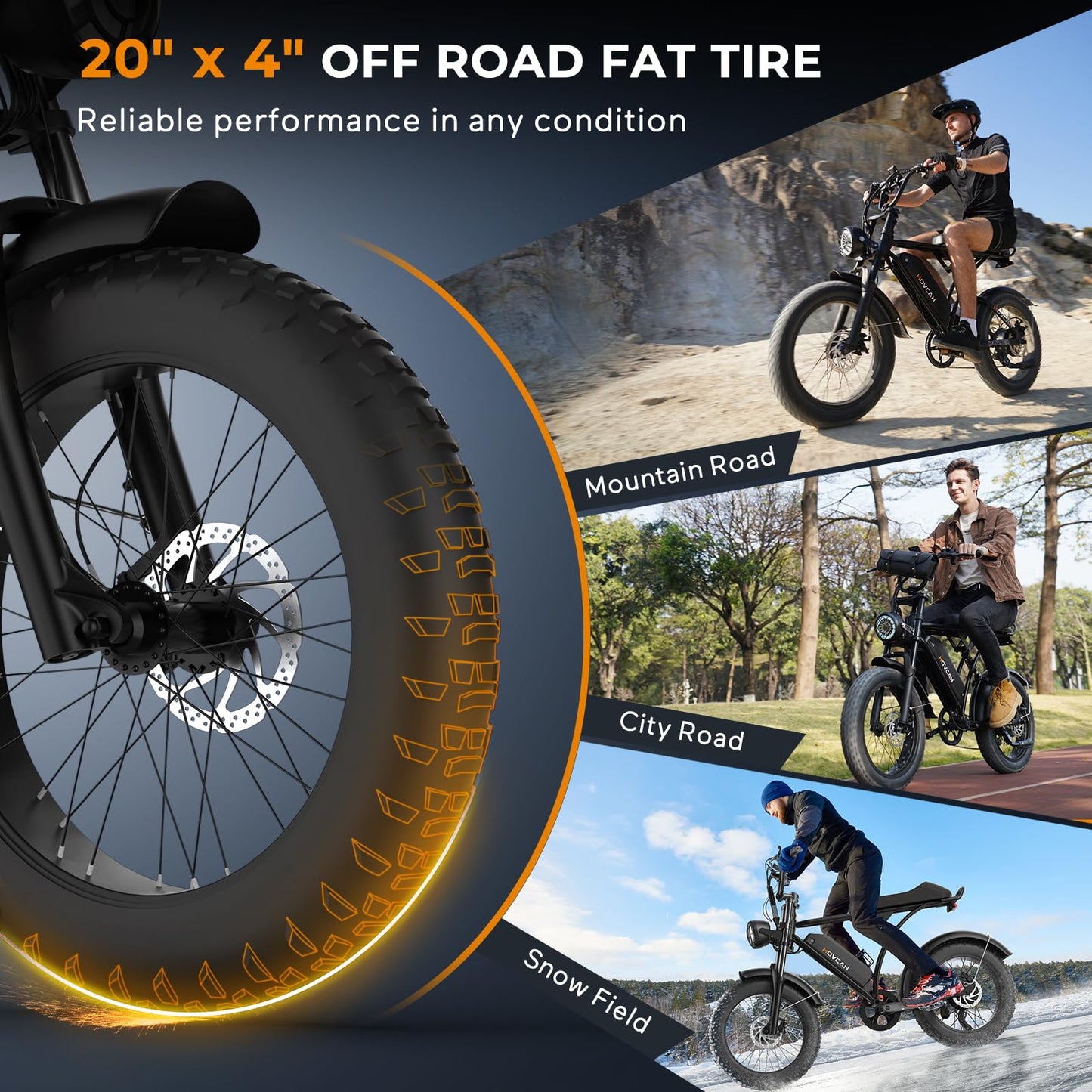 Movcan V60/V60 Pro Electric Bike, 48V 15.6/18.2Ah Removable Battery 20” Fat Tire Electric Bike, 1000/1500W Motor 30/33MPH Top Speed Electric Motorcycle, for Commute/Offroad/School/Rain/Snow Riding.