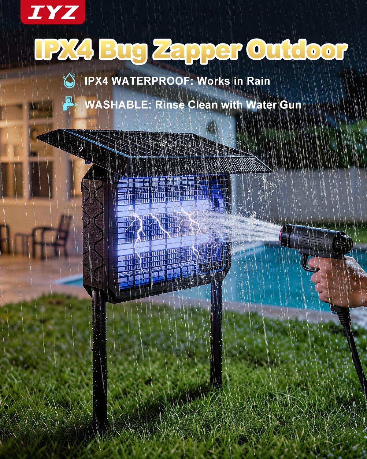 IYZ Solar Bug Zapper Outdoor, 6000mAh Rechargeable Mosquito Killer with 15" Large Grid,Waterproof, Portable Fly Trap for Patio, Yard, Garden, Home & Camping (Black)