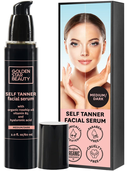 Face Tanner – Self Tan Serum w/Hyaluronic Acid, US Made with Certified Organic Ingredients, Streak-Free, No Orange, Natural Glow, Sensitive Skin Safe, Sunless Facial Tanner, Medium to Dark, 2.0 fl oz
