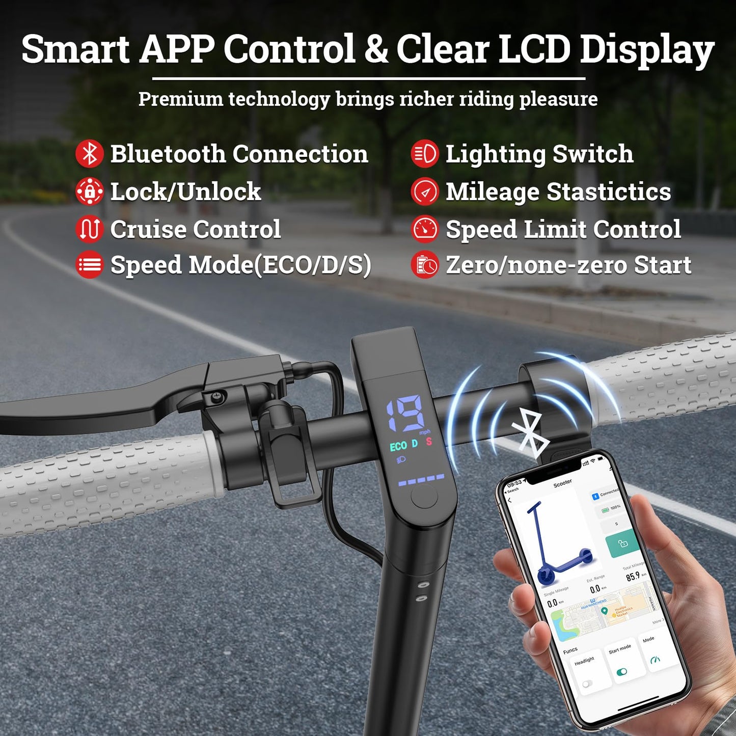 Qlaway 8.5" E Scooter for Adults 19 MPH 350W Motor 187.2WH Battery, Motorized Scooter Up to 15 Miles Range, Foldable, Bearing 265 LBS/APP Control with Seat