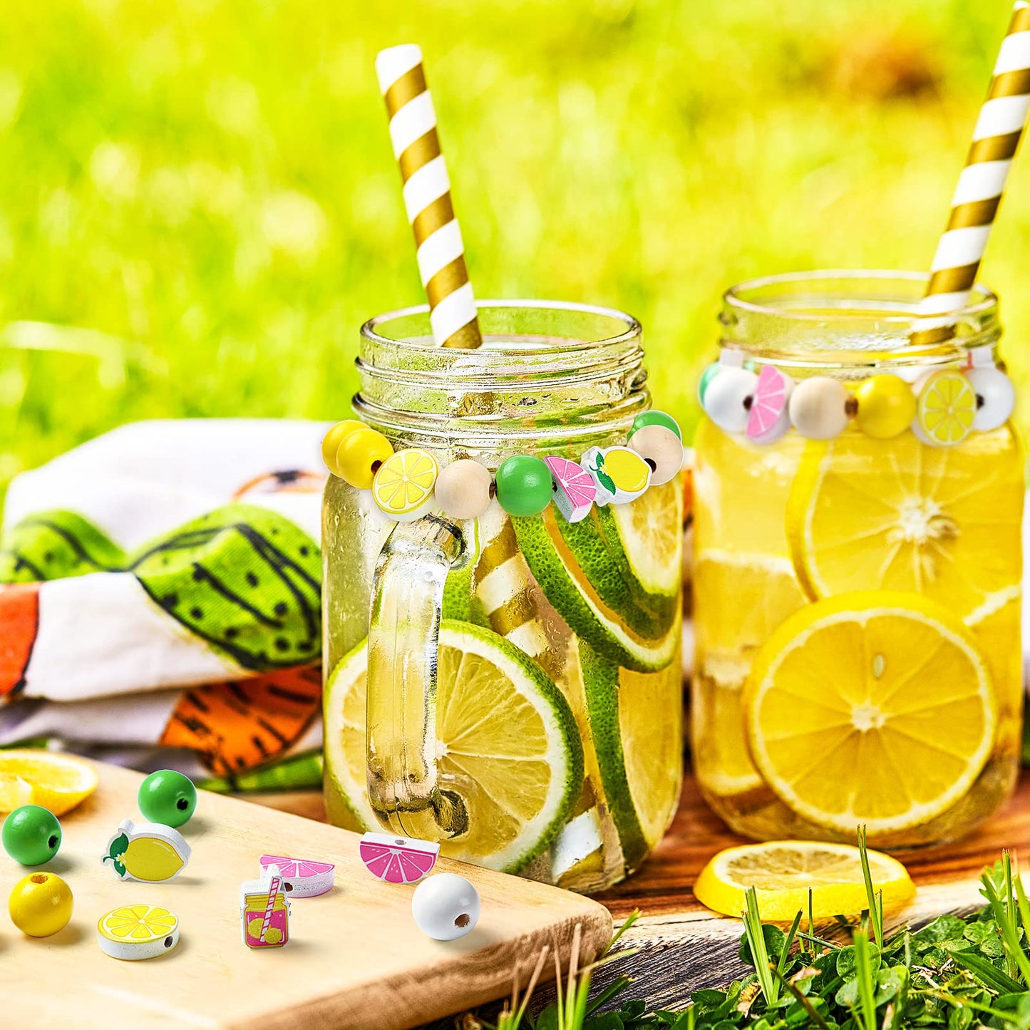 Chunful 160 Pcs Lemon Wooden Beads Bulk 16 mm Yellow and Green Lemon Shaped Beads Summer Fruit Natural Round Beads Lemonade Spacer Wood Beads with Rope for Making DIY Crafts Farmhouse Home Decor