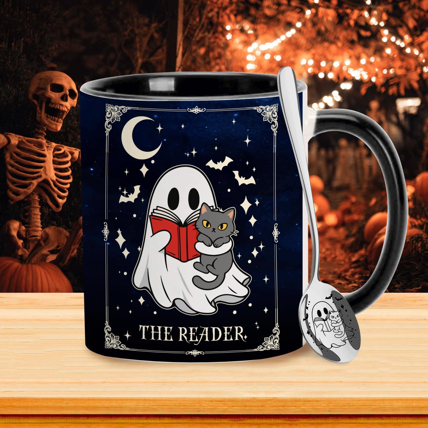 Hyturtle Cute Ghost Reading Coffee Mug with Spoon Gifts on Halloween Birthday, Funny Ghost with Cat Tarot Gifts, Book Lover Presents, Bookish Decor for Readers, Book Club Gift 11oz Ceramic Tea Cup