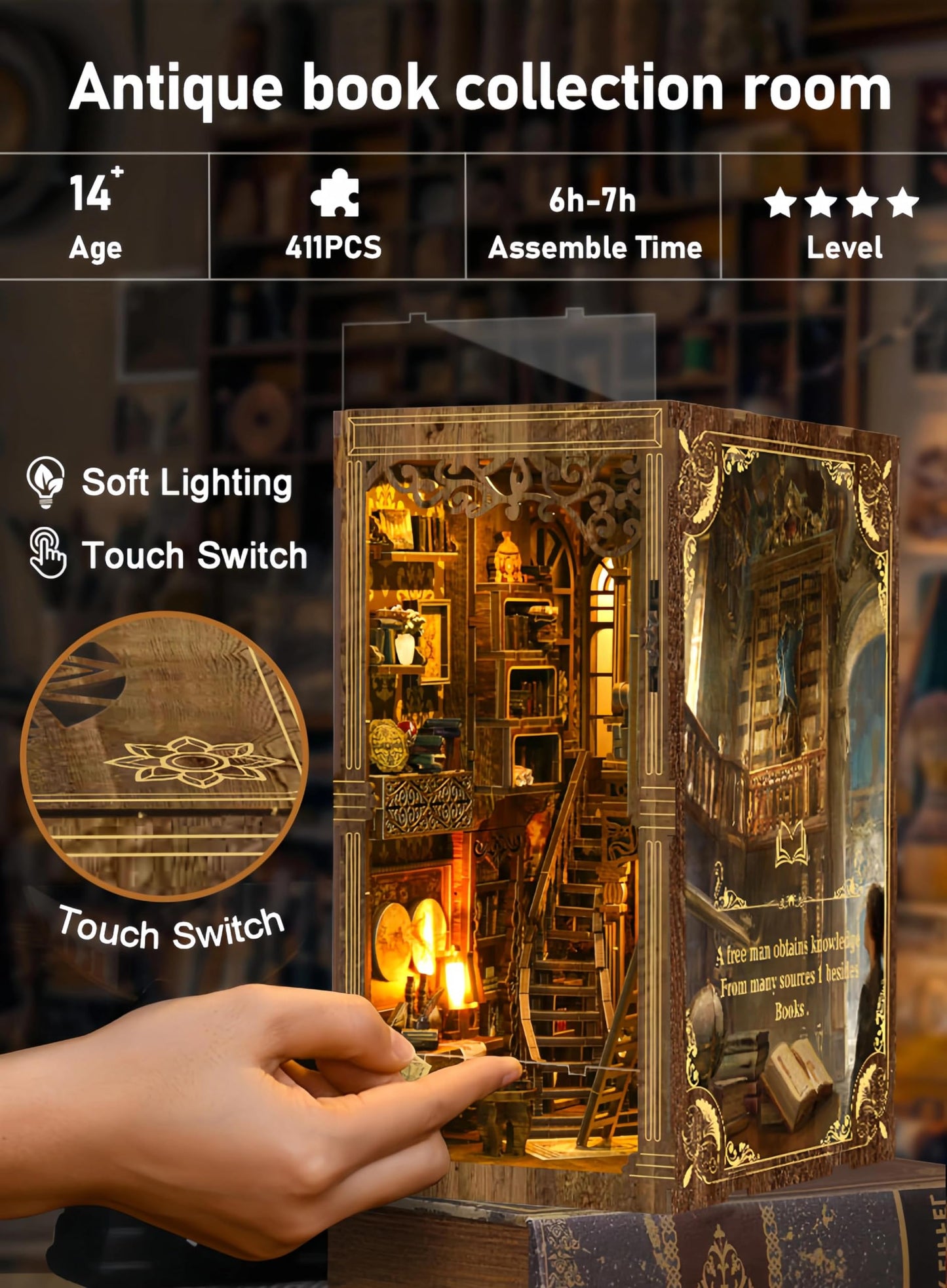 nestery Book Nook Kit - Miniature House Kit for Bookshelf Decor, Wooden DIY 3D Puzzles with LED Lampline & Dust Cover, Retro Bookstore Theme Miniatures, Creative Craft Gift for Adults & Book Lover