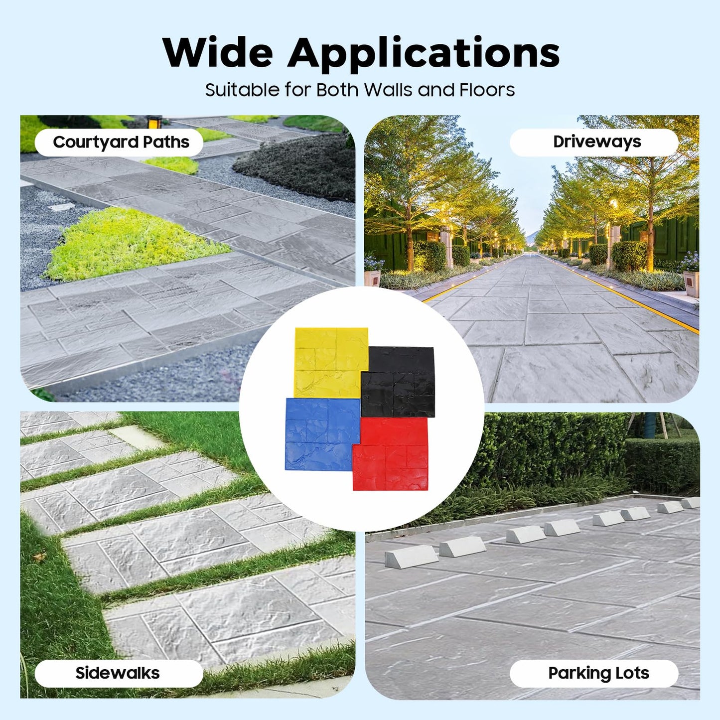 LNUJIUN 4 Pieces Concrete Stamps Mats Set 24"x24" Concrete Texturing Skin with Handles 0.7" Thickness Stone Texture Cement Stamps for Walls/Floors (4 Colors)