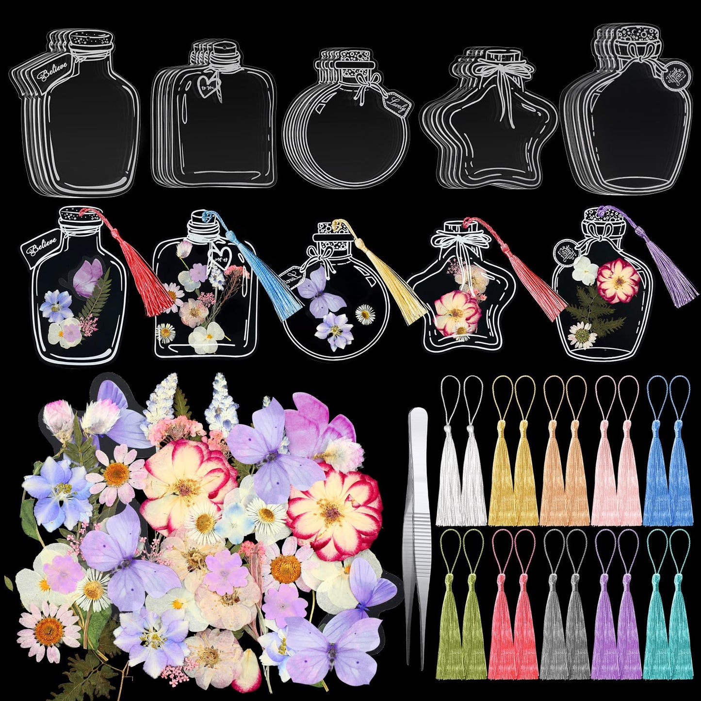 TaoBary 91 Pcs DIY Handmade Transparent Dried Flower Bookmark Set Include Butterflies Clear Bookmarks Dried Flowers Colorful Tassels and Tweezer for Book Bottle Supplies(Gentle Colors)