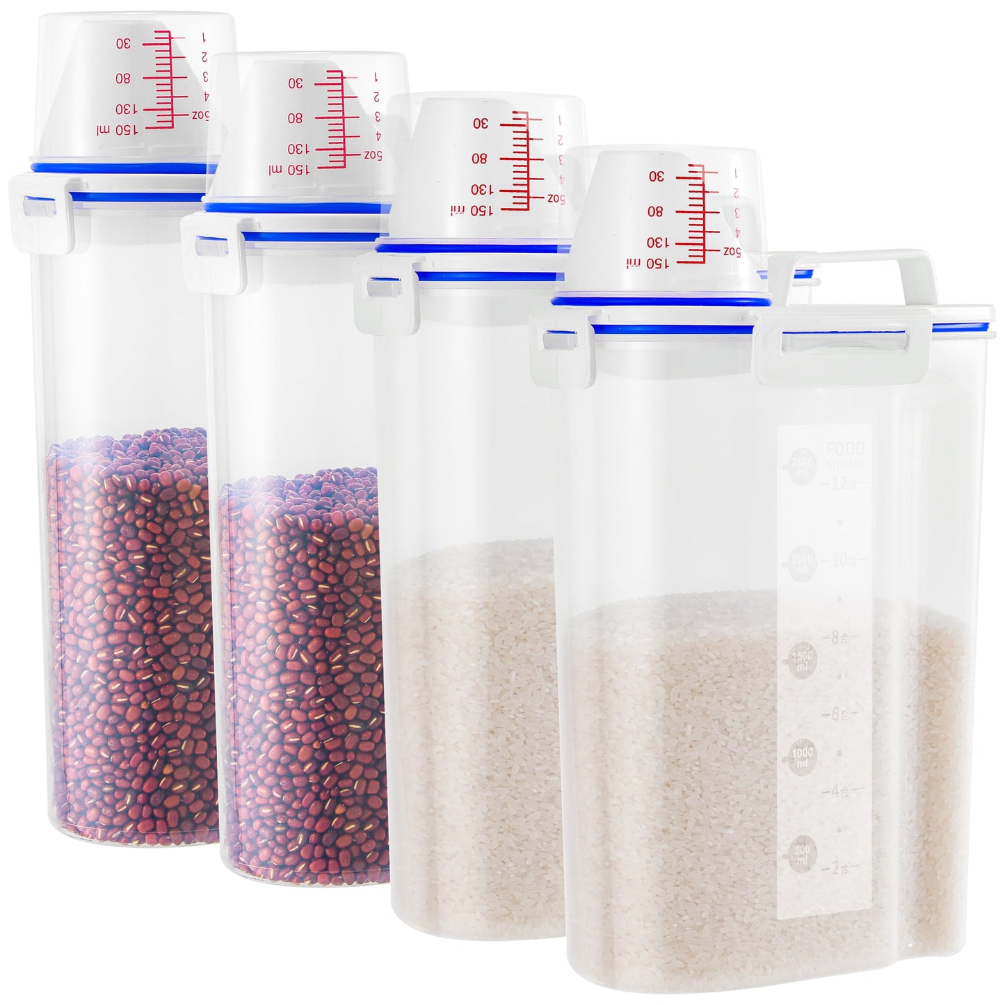 HNNJCK 4 Pcs Set Rice Storage Container 5.5lb, Rice Dispenser with Measuring Cup & Pour Spout for Flour Pasta Grain Pet Dog Cat Bird Food Storage Container