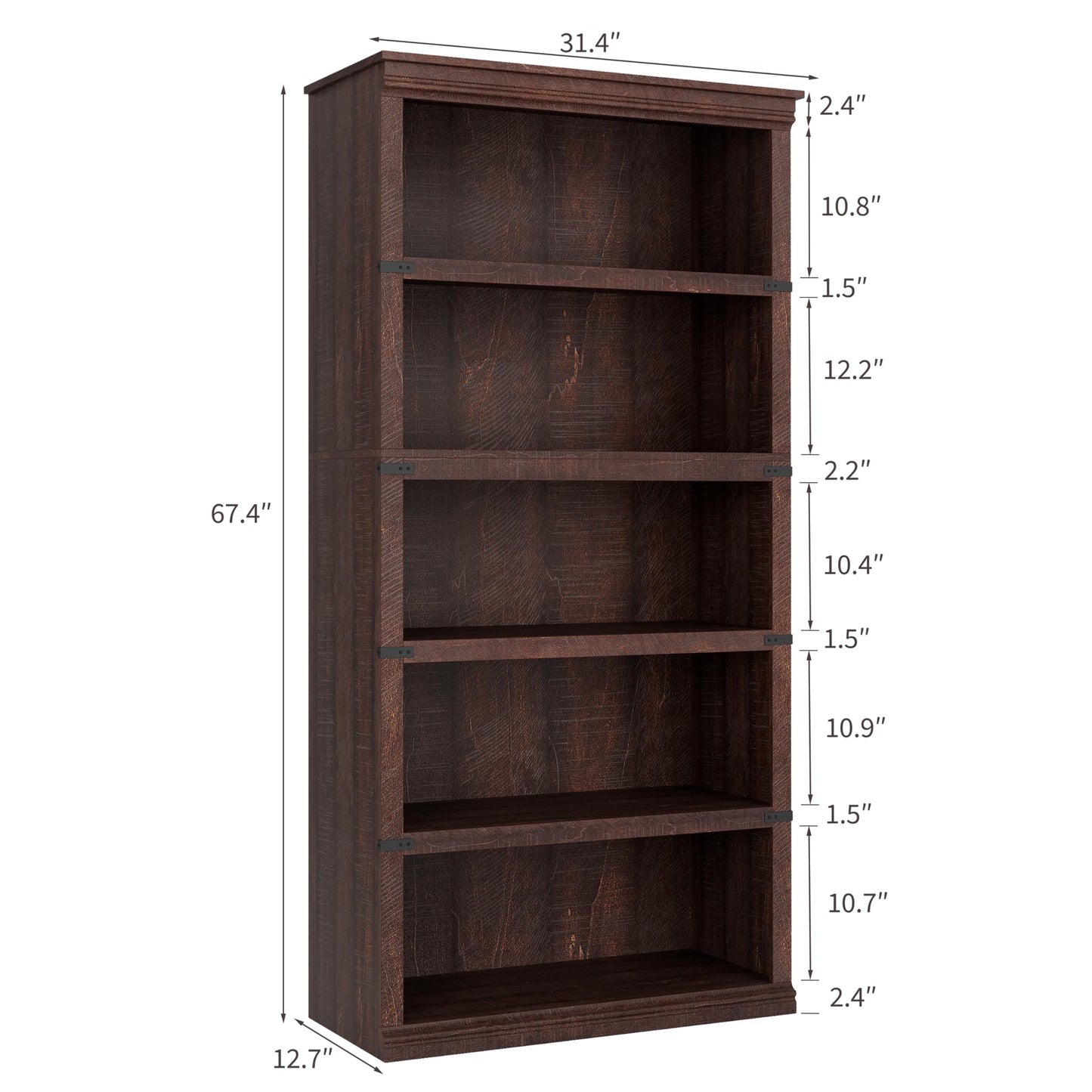 IDEALHOUSE 5 Tier Bookcase, Farmhouse Book Shelf with Storage Open Display Bookshelves, 67.4" Tall Book Case Wooden 5 Shelf Bookcase Home Decor Furniture for Home Office, Living Room- Reddish Brown
