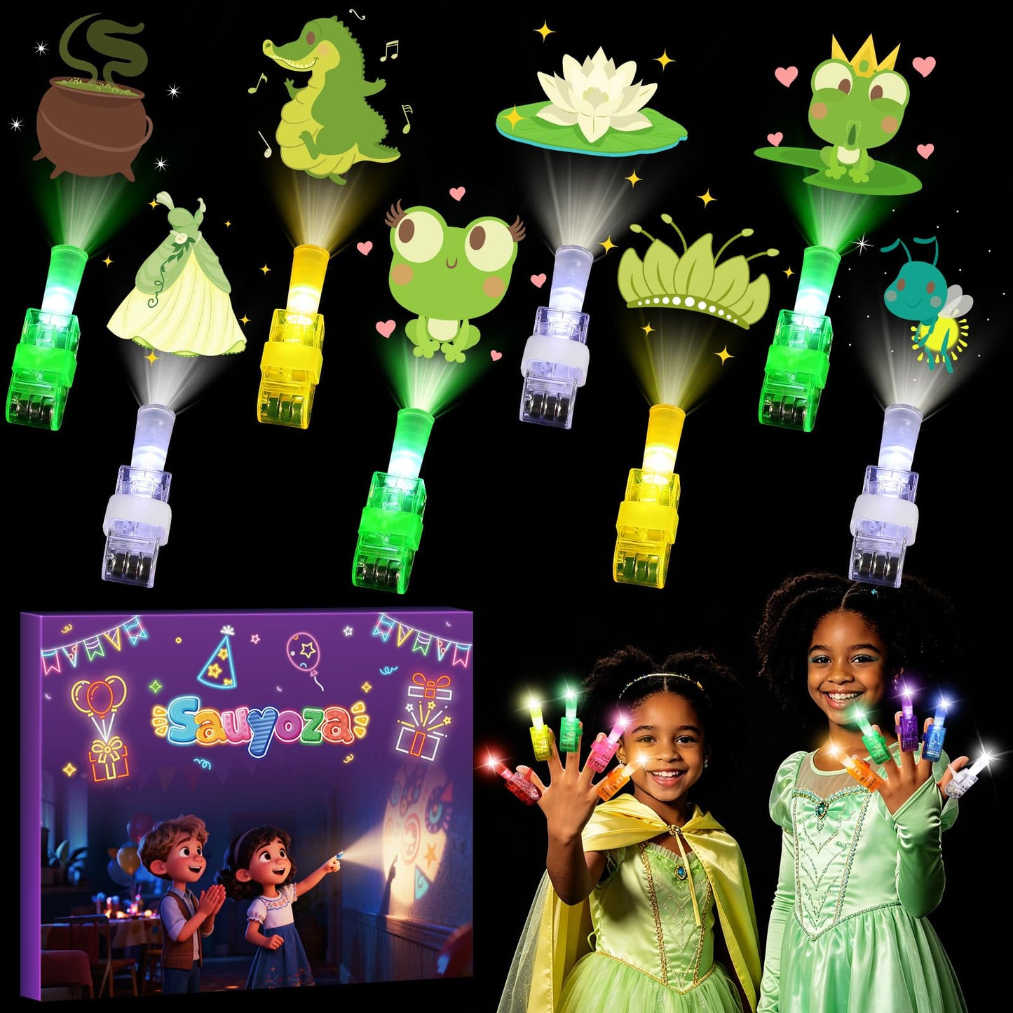 Sauyoza 36 Pack Frog Princess Party Favors LED Finger Lights for Kids, Glow in the Dark Birthday Party Supplies, Goodie Bag Fillers, Classroom Rewards Gifts Bulk, Cosplay & Night Games