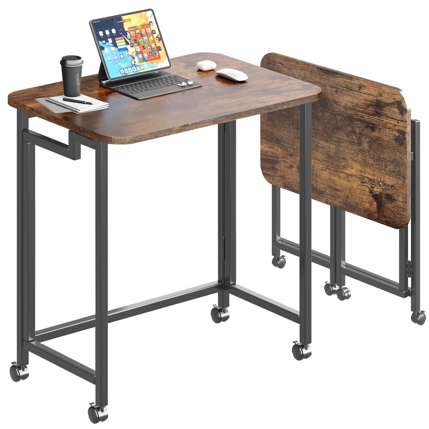 JSB Small Folding Computer Desk with Wheels Writing Modern Industrial Work Table Laptop for Home Office (Rustic & Brown, 23.6")