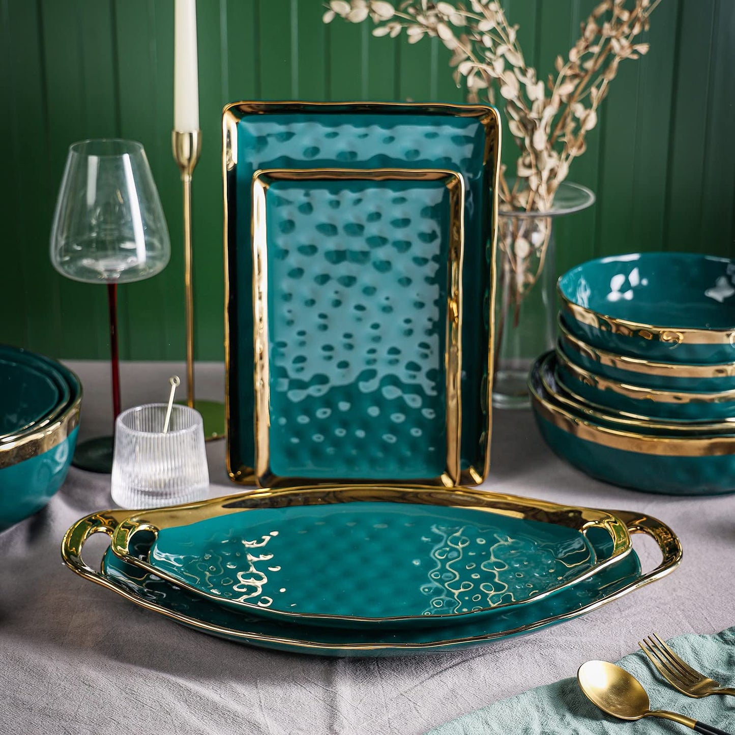 Stone Lain Florian Porcelain Large and Medium Oval Platters with Handle, Service Set, Green with Gold Rim