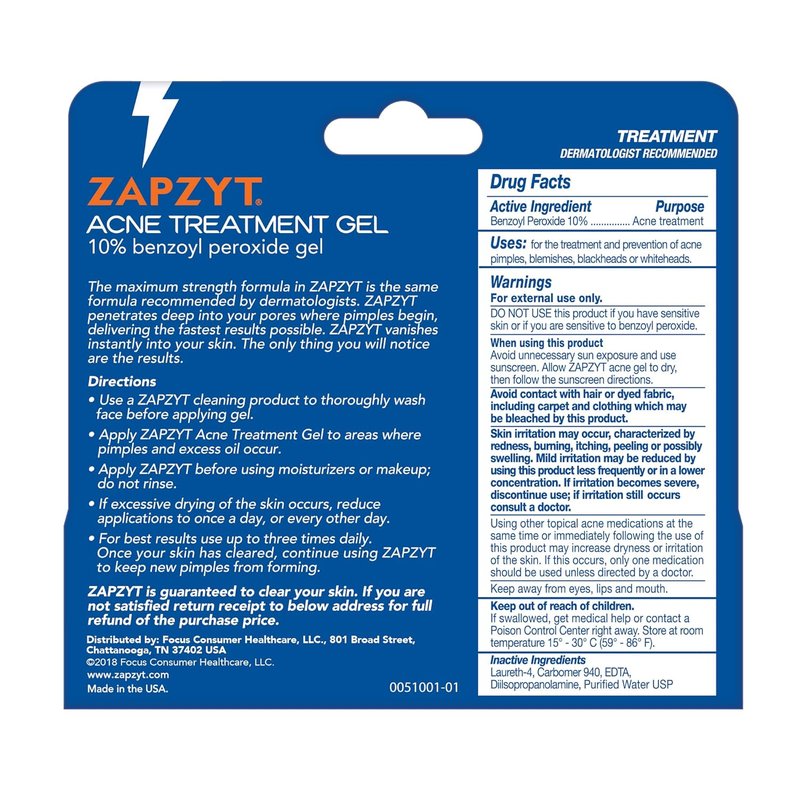 Zapzyt Acne Treatment Gel - Maximum Strength Formula for Clear Skin | 1.0 oz (Pack of 6)