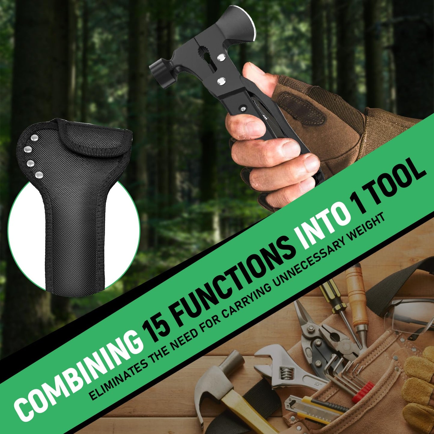 DETDLIB 15-in-1 Multitool Axe Hatchet, Birthday Gifts for Men, Essential for Camping, Hiking, Cool Gadget, Gifts for Men. Women, Dad, Him, Husband, Father, Mechanic, Boyfriend, Black