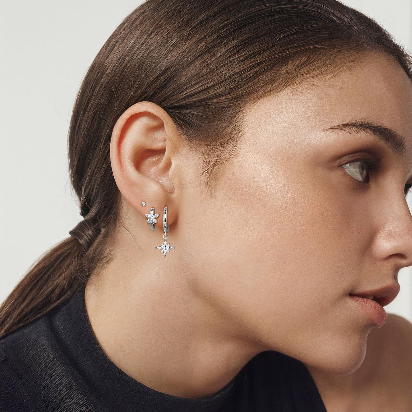 3 Pairs 925 Sterling Silver Earrings Set for Women, Hypoallergenic Silver Huggie Hoop Star Earrings Trendy, Cubic Zircon Studs Cartilage Silver Earring Stacks, Jewelry for Women Gifts
