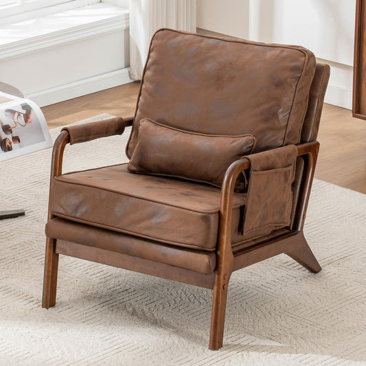 AILIUHUA Mid Century Modern Accent Chair with Pillow & Pocket, Upholstered Armchair with Solid Wood Frame & Soft Cushion for Living Room, Bedroom, Belcony, Sunroom (1, Brown)