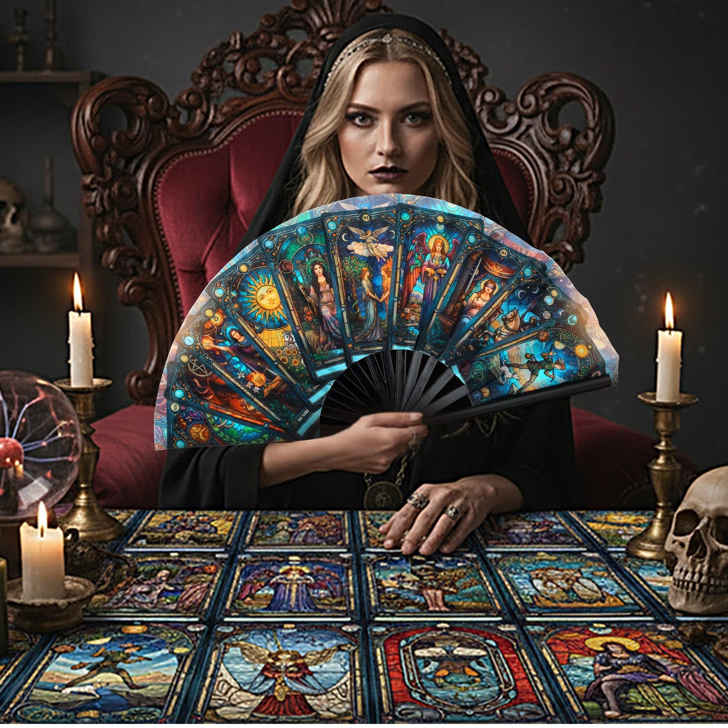 Bucherry Witchy Gifts Tarot Card Hand Fan Bamboo Tarot Rave Folding Fan Astrology Fortune Teller Decor for Women Cosplay Outfits Accessories EDM Music Gala Mystic Witchcraft Supplies