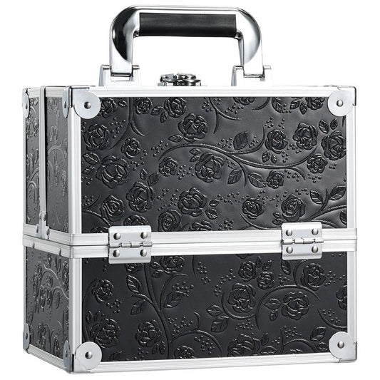 FRENESSA Makeup Train Case Cosmetic Box Portable Makeup Case Organizer 4 Trays Travel Case Storage with Dividers Lockable for Make up Artist Crafter Nail Kits Tools Black Floral