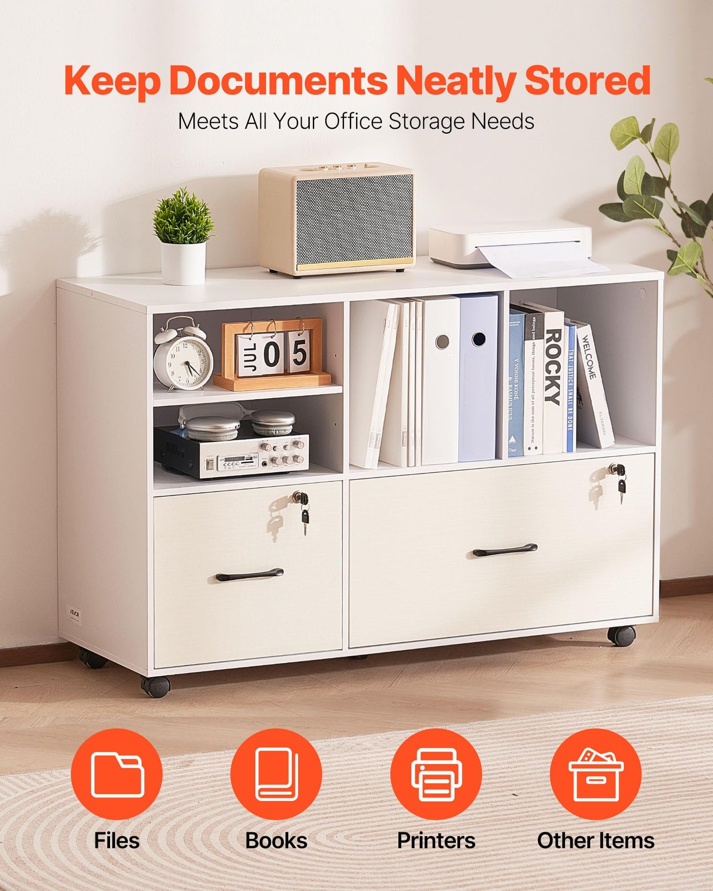 VEVOR 2 Drawer Wooden File Cabinet, Mobile Filing Cabinet with Open Shelves, Lockable Lateral Rolling File Storage with Adjustable Shelves, Free Standing Printer Stand for Home Office School, White