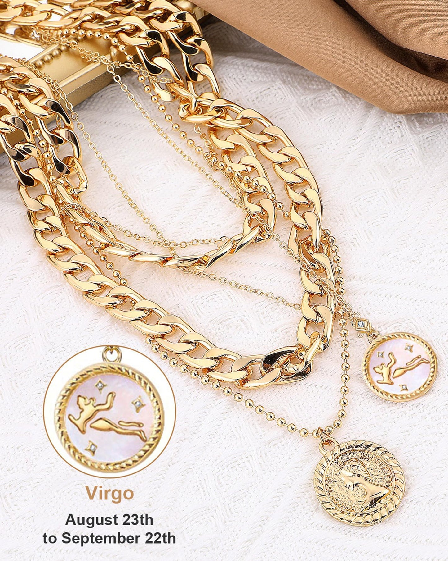 MJartoria Gold Layered Necklaces for Women Trendy Retro Coin Pendant Necklace Dainty Chunky Chain Choker Necklaces for Jewelry Birthday Gifts (Gold, Zodiac-Virgo-3PCS Layered)