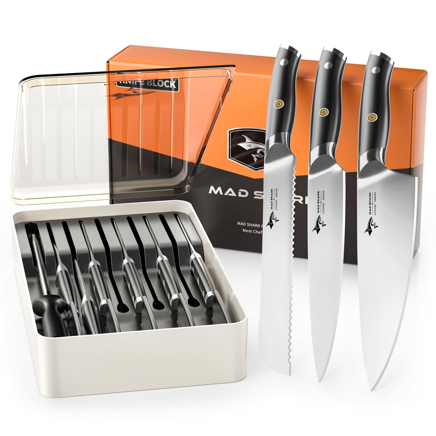 MAD SHARK 11-Piece Kitchen Knife Block Set with Sharpener Rod, Professional German High-Carbon Steel Chef Set,15° Ultra-Sharp Edge,Full-Tang Handle,Valentine Gift for husband Wife Friends