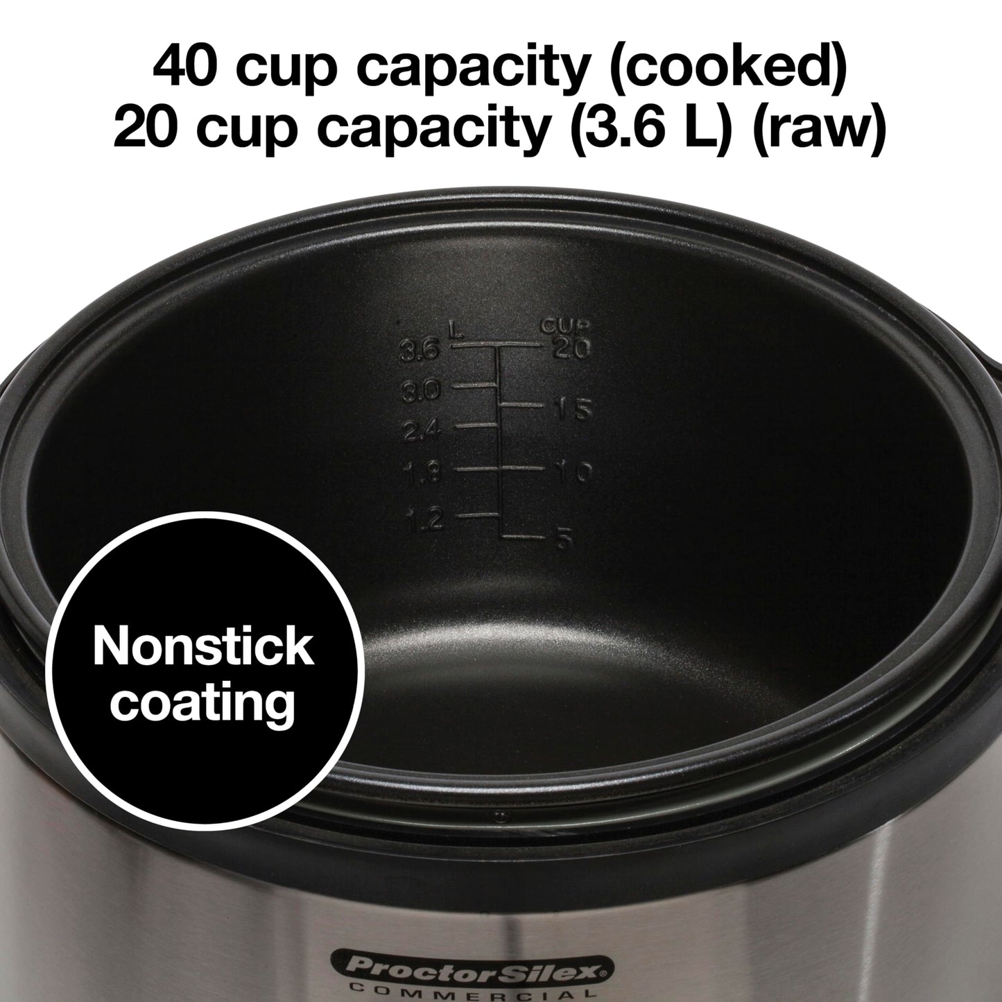 Proctor Silex Commercial 37540 Rice Cooker/Warmer, 40 Cups Cooked Rice Capacity, Nonstick Inner Pot, Hinged Lid, Stainless Steel Housing, Conforms to NSF