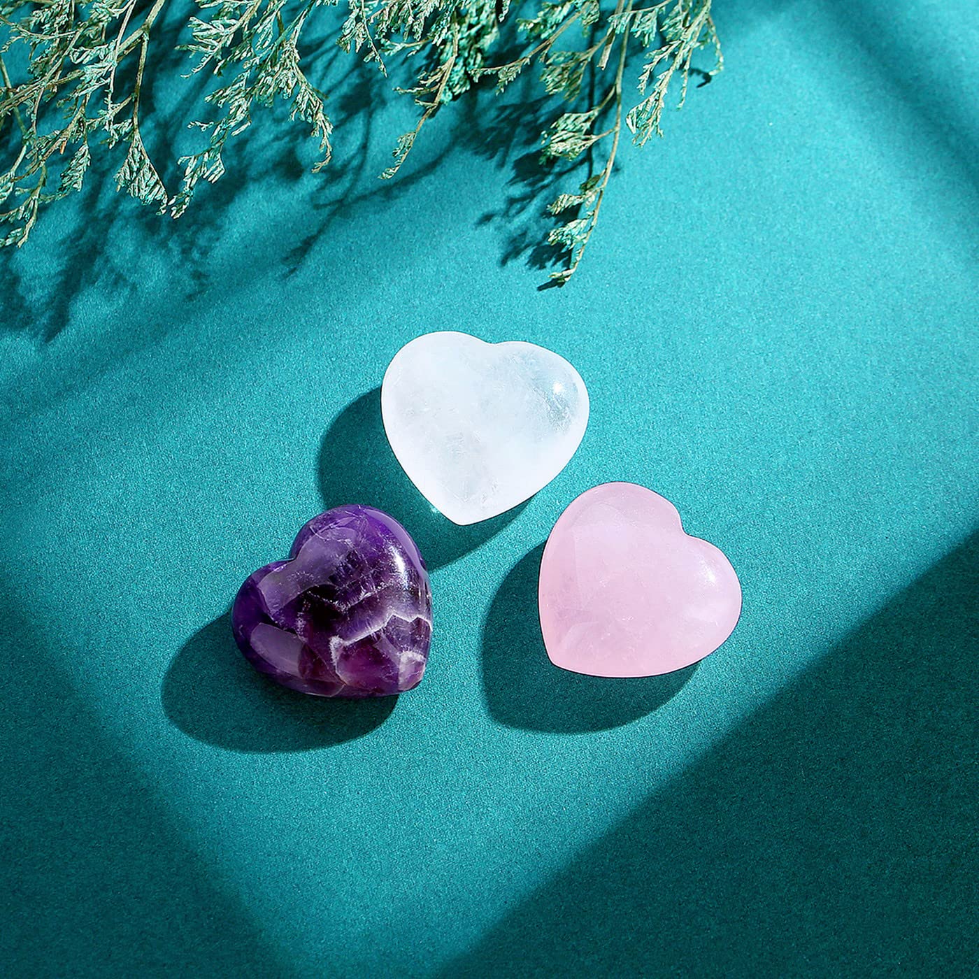 QINJIEJIE 1.2" Large Heart Crystals Rose Quartz Amethyst Healing Clear Crystal Heart Shape Love Stones Gemstones Stone Stocking Stuffers Polished Thumb Gemstones Therapy Energy Balancing Gifts 3 Pcs