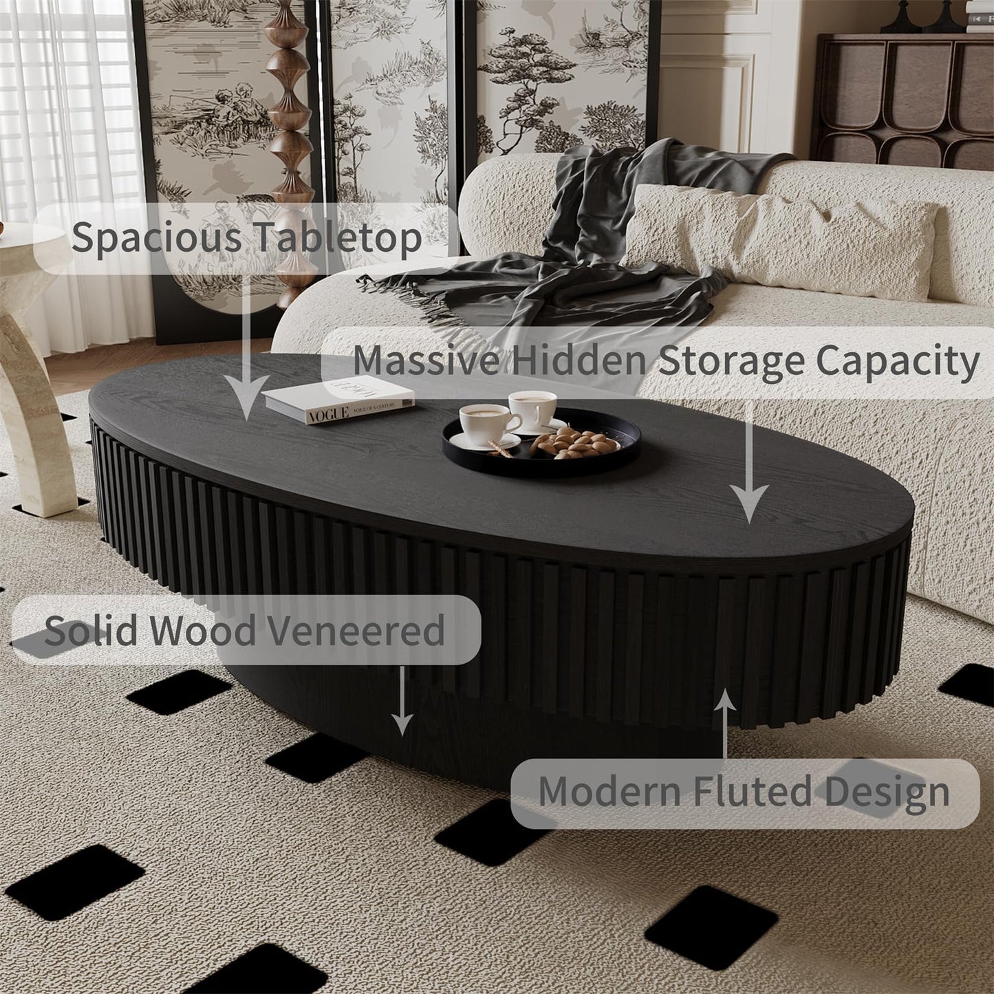 LKTART Oval Coffee Table for Living Room,Drum Solid Wood Handcrafted Relief,Olive-Shaped Sturdy Pedestal Wooden Tea Table for Apartment Small Space (Hidden Storage-Black,47.2''L×23.6''W×14.2''H)