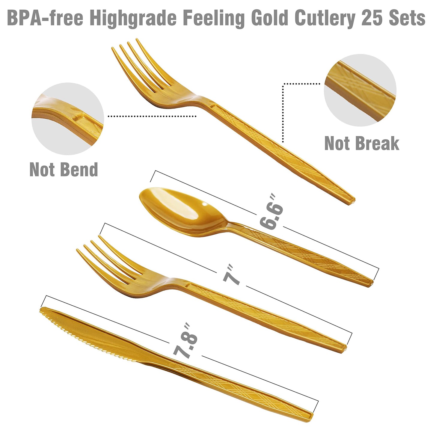 200 pieces of white and gold birthday party supplies, disposable happy birthday tableware set, gold plastic knives, forks, spoons, straws. Birthday themed tray, cup,25Guests（white）