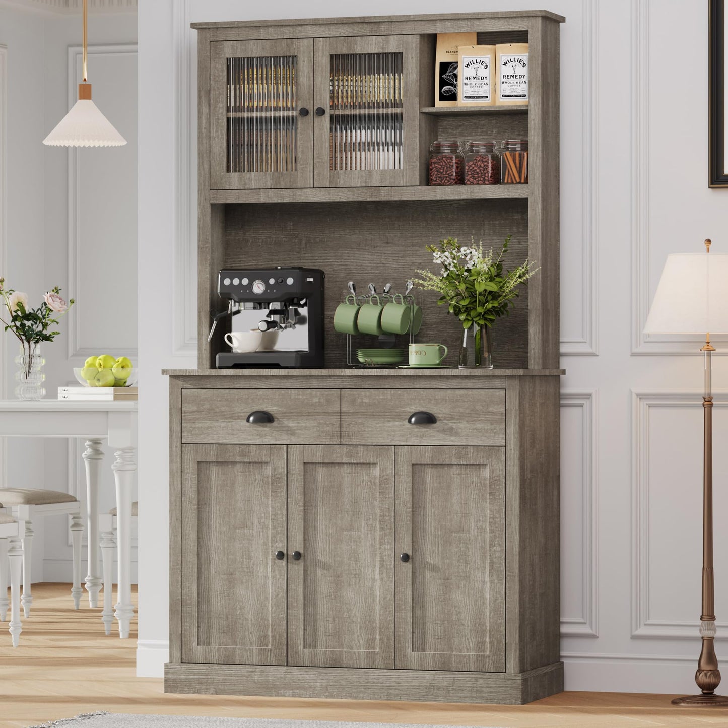 GarveeHome Pantry Cabinet with Drawers and Adjustable Shelves, 71" Tall Freestanding Kitchen Cabinet with Microwave Stand, Kitchen Hutch for Dining Room, Rustic Grey