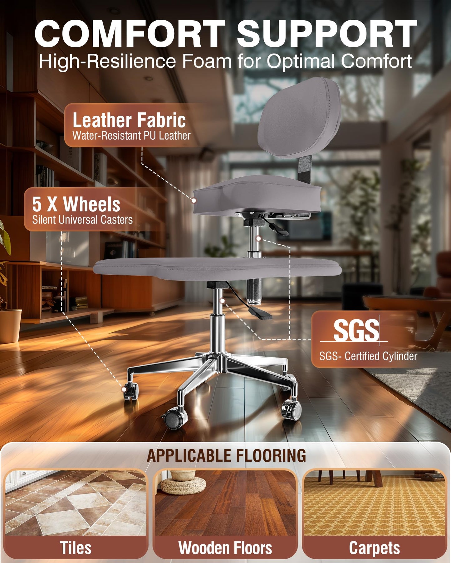 PYY ADHD Chairs for Adults - Meditation Cross Legged Office Chair with Wheels, Ergonomic Squatting Kneeling Fidget Chair with Lumber Back Support Adjustable Height for Home and Office Gray