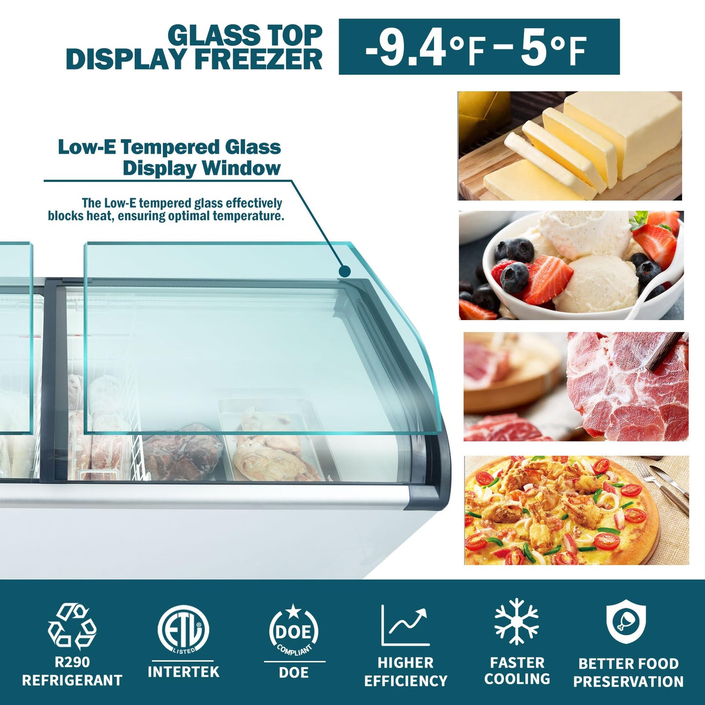 ORIKOOL Commercial Ice cream Display Freezer: 19.3 Cu.FT Chest Freezer with Curved Glass Top, -9.4℉ to 5℉, LED Light, Large Capacity for Convenience Store, Supermarket, Restaurant