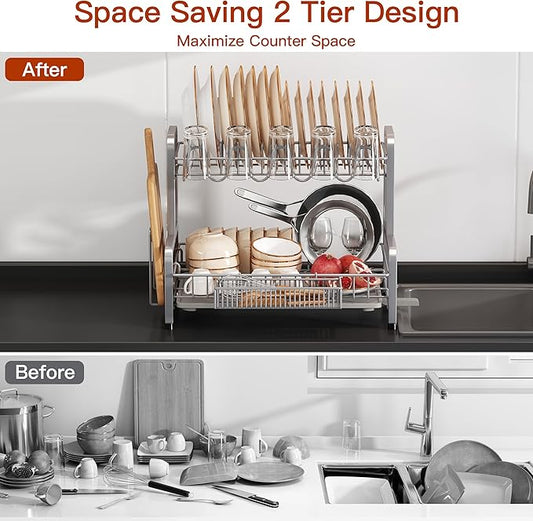 2 Tier Dish Drainer Drying Rack for Kitchen Counter, Large Stainless Steel Dishes Dryer with Drainboard, Space Saving, Big Rustproof Metal Modern Countertop Plates Strainer with Utensil Holder, Sliver