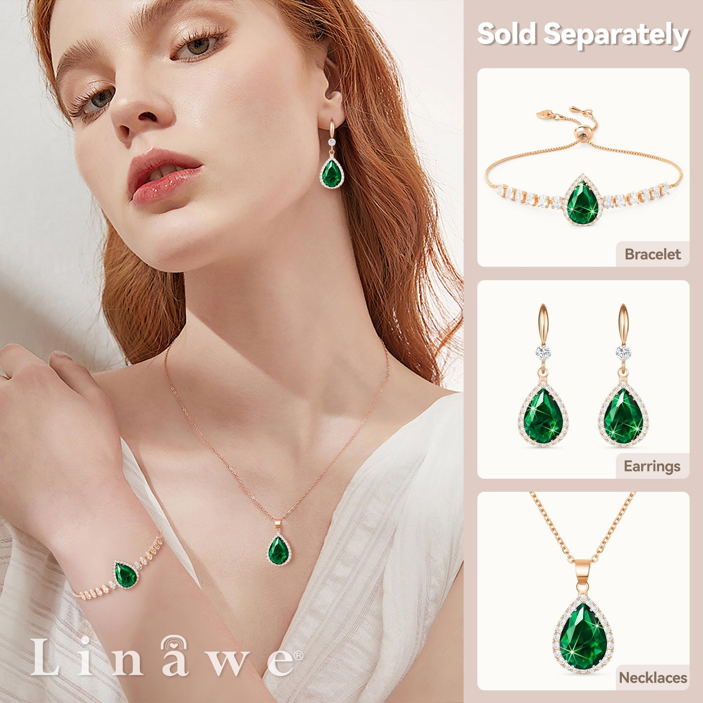 Linawe Emerald Crystal Chain Necklace for Women Trendy Rose Gold, Green Imitation Diamond Pendant Cubic Zirconia Birthstone Rhinestone Teardrop, Preppy Boho Jewelry