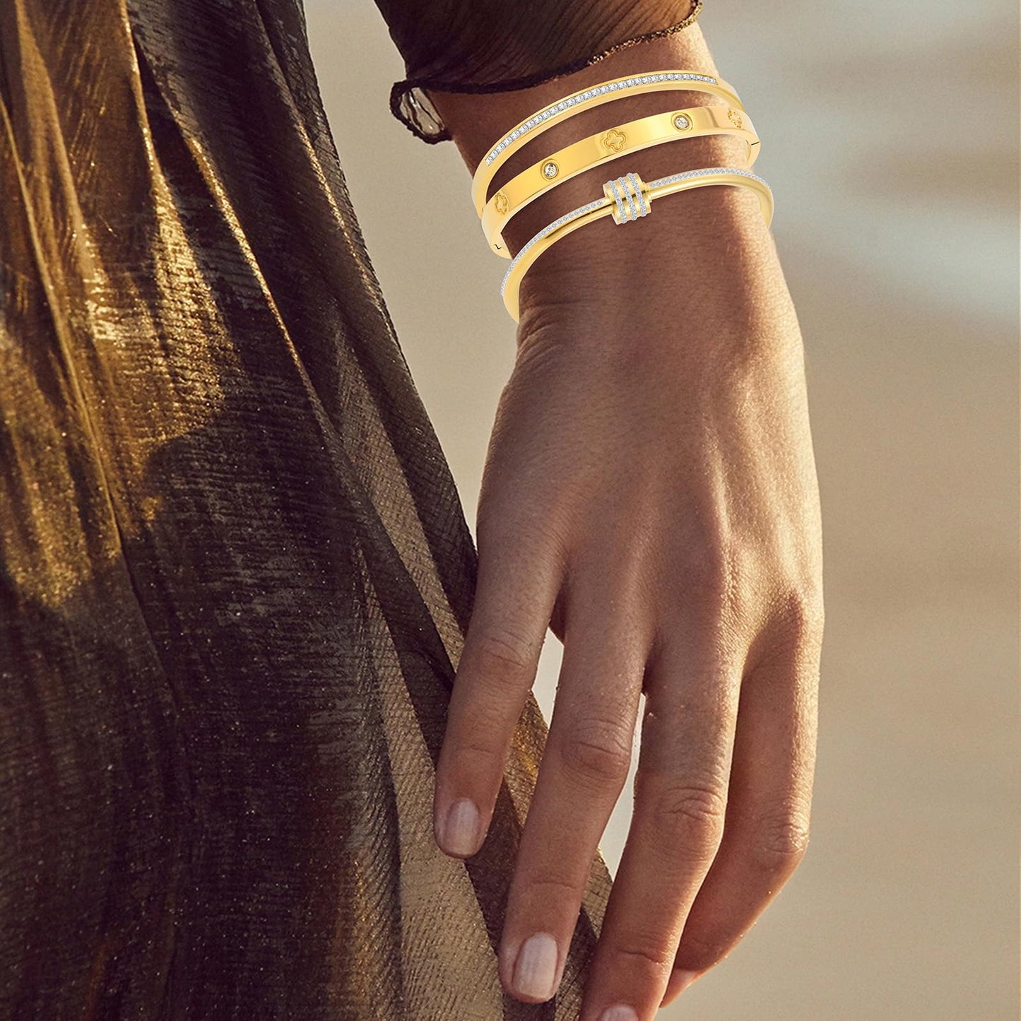 Camhanno Gold Bracelets for Women - Crystal Stackable Bangles with Friendship & Love Theme - Stainless Steel Jewelry, Ideal Birthday Gift (Style 6)