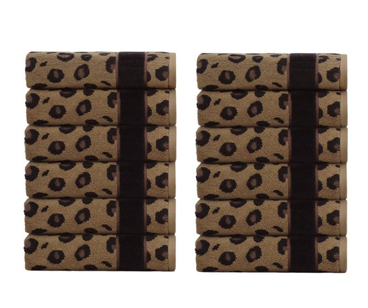 COTTON CRAFT Wash Cloth - Set of 12 Animal Print Safari Decorative Washcloth - 100% Cotton Jacquard Bathroom Face Towel Set - Super Soft Quick Dry Absorbent Luxury Guest Towel - Easy Care - 12 x 12