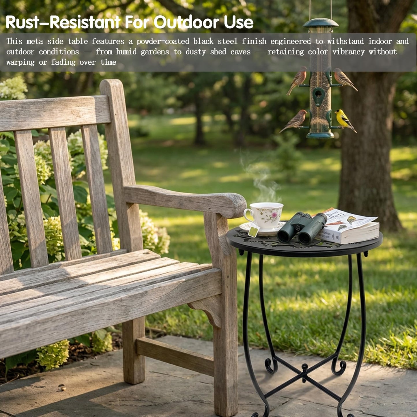 Fashion&cool Outdoor Side Tables, 14 Inch Rust-Resistant Metal Side Table for Outdoor, Round End Table Side Table for Patio Yard Porch Balcony Garden Bedside, Plant Stand (Black)