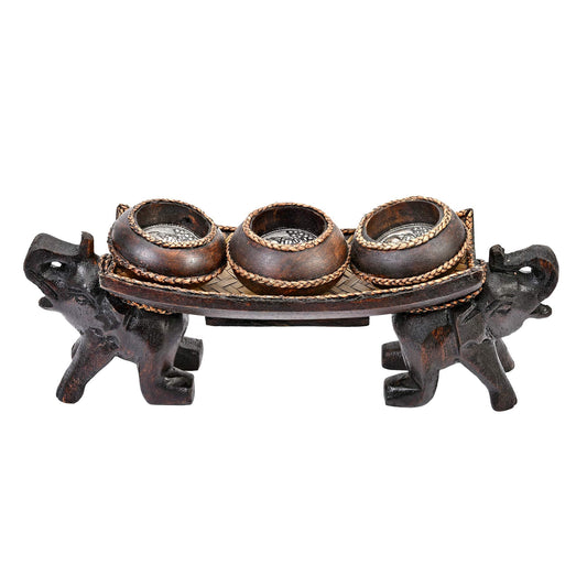 AeraVida Twin Elephant Rain Tree Wood Candle Holder with Three Vases, Hand Carved Safari Animal Centerpiece Home Decor