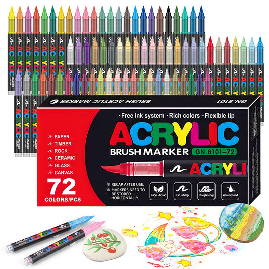 72 Colors Soft Brush Tip Acrylic Markers Set, Paint Pens for Rock, Wood, Fabric, Canvas, Glass, DIY Crafts, Waterproof Paint Markers, Vibrant Acrylic Pens for Artists and Art Projects