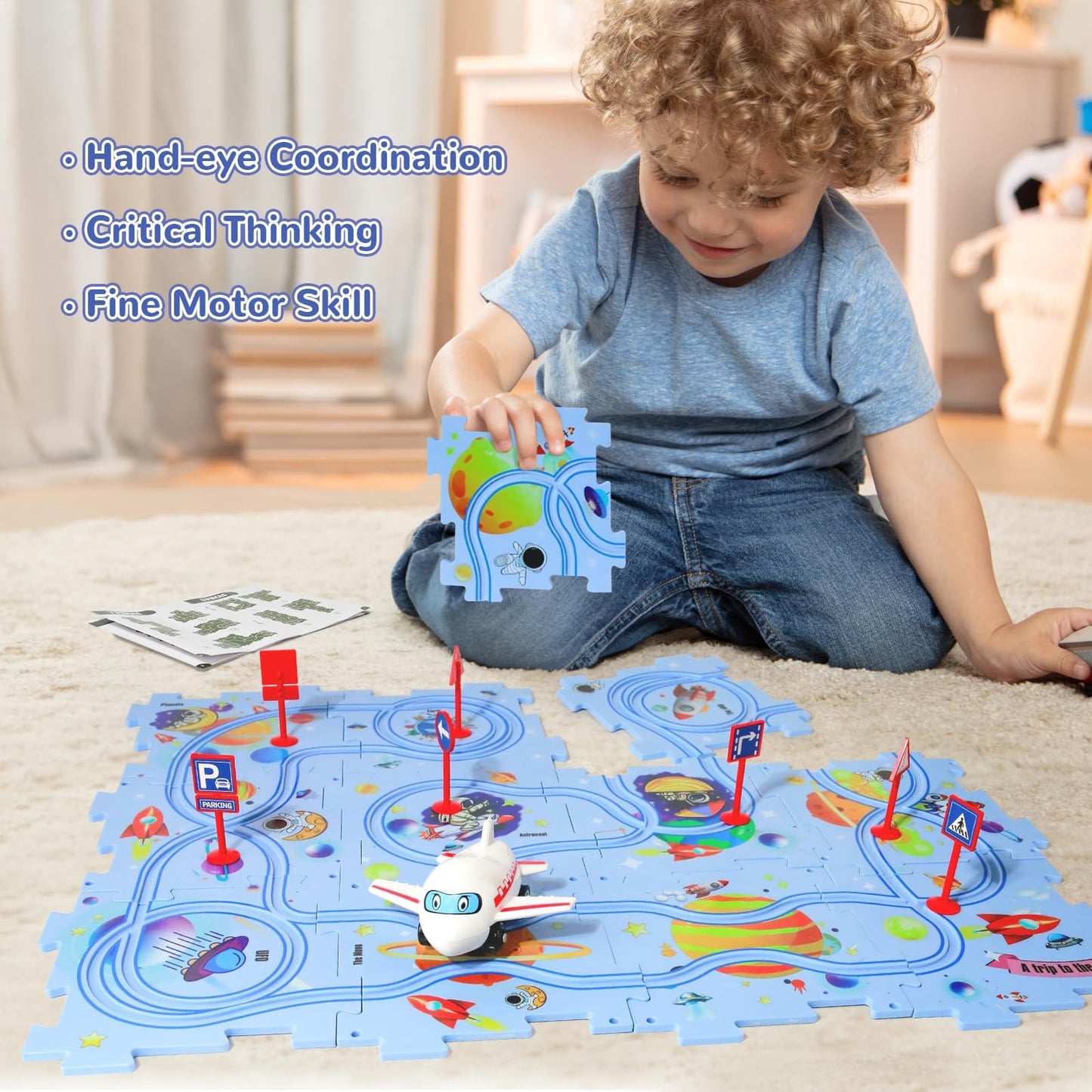 XAZASTOV Plastic Floor Puzzles for Kids with Airplane Toy Car, Puzzle Track Car Play Set, Educational Toys for 3 4 5 6 Year Old Boys, 3 4 5 6 Year Old Boy Birthday Gift, Kids Toys Boys 3-5