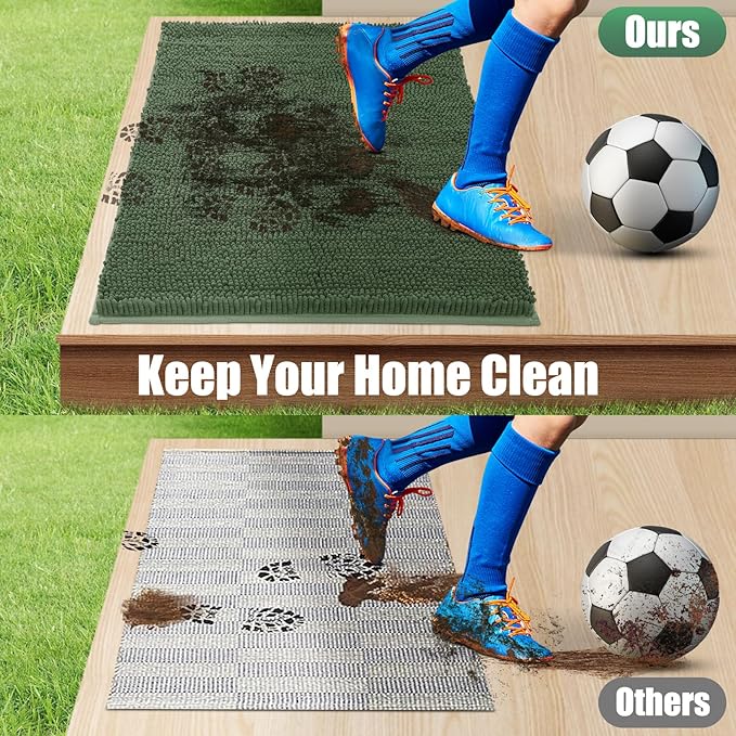 IM HOME Chenille Absorbent Outdoor Doormat 48" x 30", Washable Muddy Door Mats for Dog Non Slip Indoor Doormat Dog Mat for Muddy Paw Front Inside Doormats for Entryway Olive