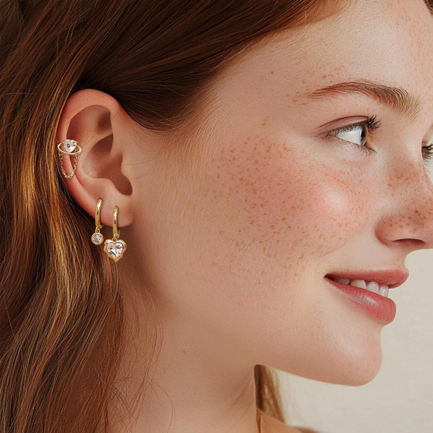Frigotine 3PCS Gold Heart Hoop Stud Earrings Stack Set for Women, Dainty Rhinestone Star Moon Planet Chain Love Multiple Piercing Cartilage Prom Fashion Jewelry Gift