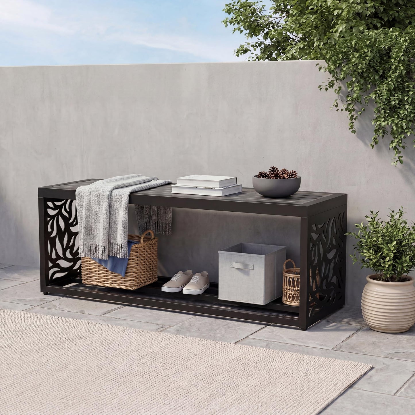 Orbotots 47" Outdoor Garden Bench with Storage Shelf, Modern Black Entryway Bench, Wood-Grain HDPE Seat, Galvanized Steel Frame with Powder Coating for Porch, Yard, Patio, Willow Leaf