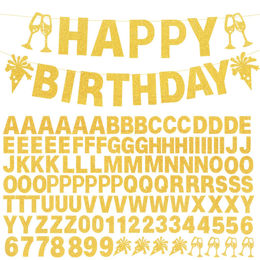 129Pcs DIY Custom Letter Banner Glitter Customizable Banner Kit 0-9 Numbers DIY Happy Birthday Letters Light Rope Personalized Banners for Wedding Birthday Party Decorations Supplies(Dazzling Glod)