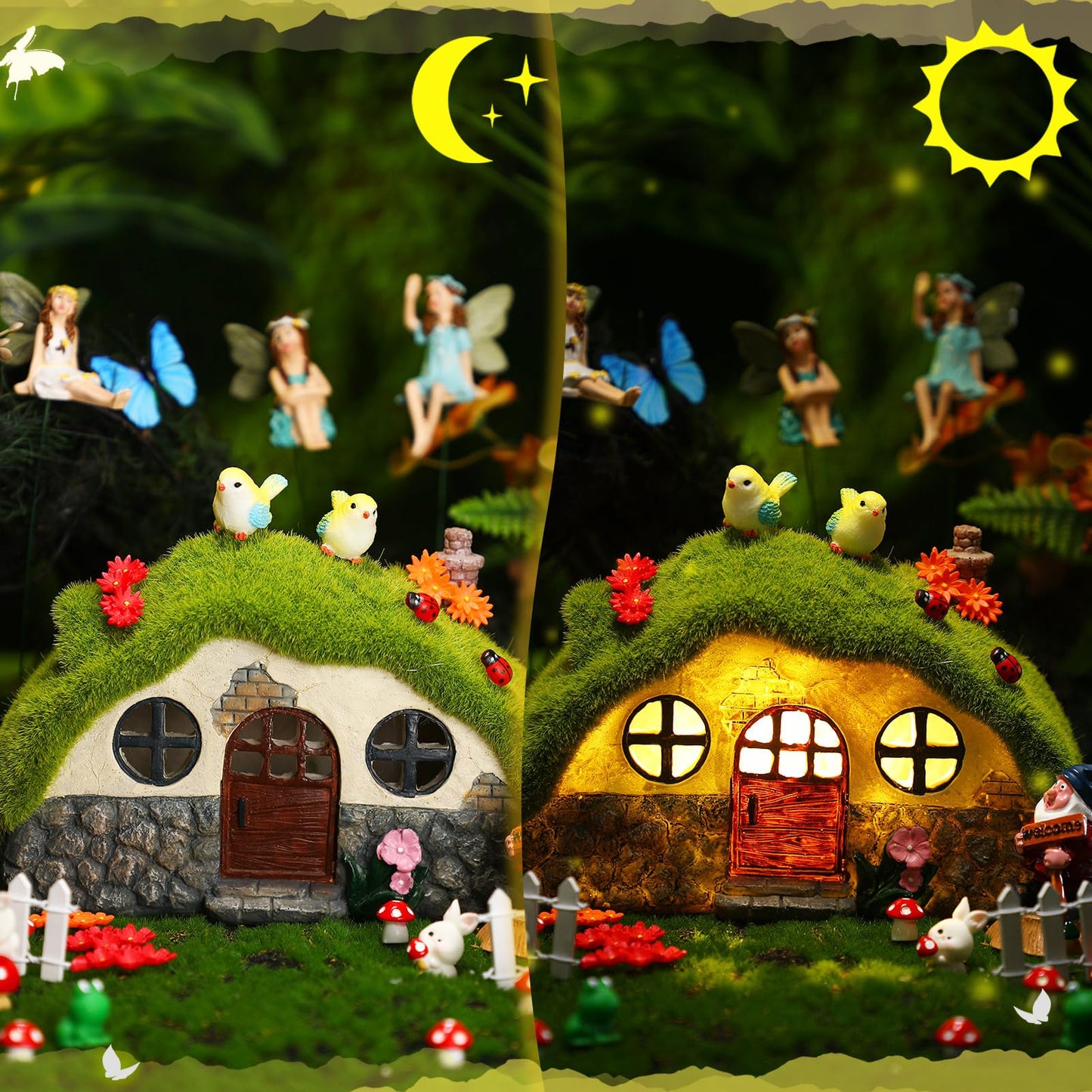 Suzile 50 Pcs Solar Fairy House Garden Accessories Light up Flocked Fairy House Garden Kit Green Resin Miniature Mushroom Figures Micro Landscape Ornament(Stone House)