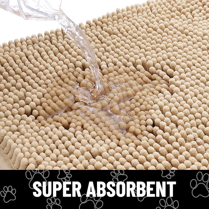 Smiry Dog Door Mat for Muddy Paws, Absorbent Dirt Trapper Non Slip Quick Dry Washable Chenille Mat for Mud Dogs, Entry Rug for Indoor and Outdoor (47x17 Inches, Beige and White)