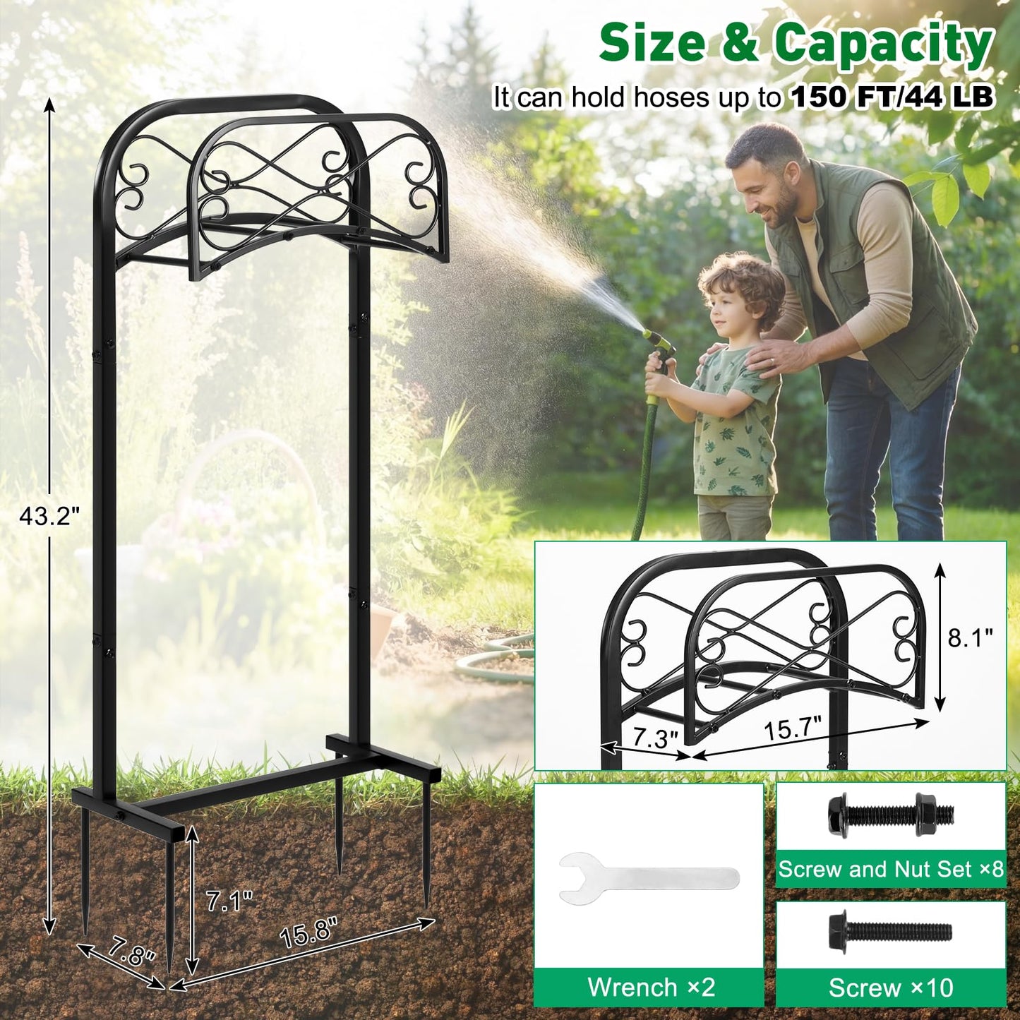 Gtongoko Garden Hose Holder for Outside 43 In With 4 Prongs Base Detachable Metal Water Hose Holder Freestanding Heavy Duty Organizer Holds 150FT Stand Hanger for Outdoor Yard Black