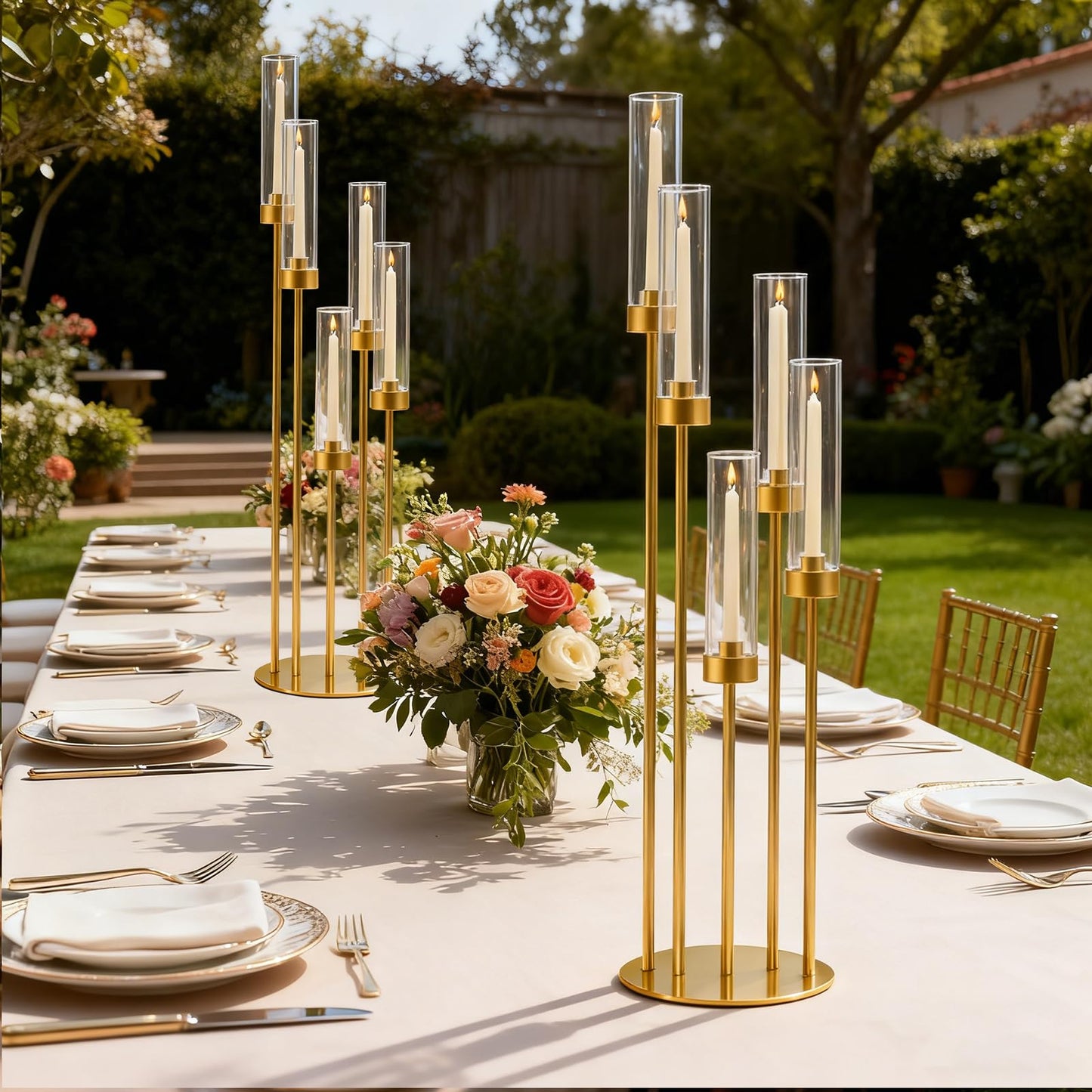 35in 8 Set Gold Candelabra Candle Centerpieces for Tables Candlesticks Holder Wedding Centerpieces Table Decorations Acrylic lampshade Fit 0.9" LED Candle"